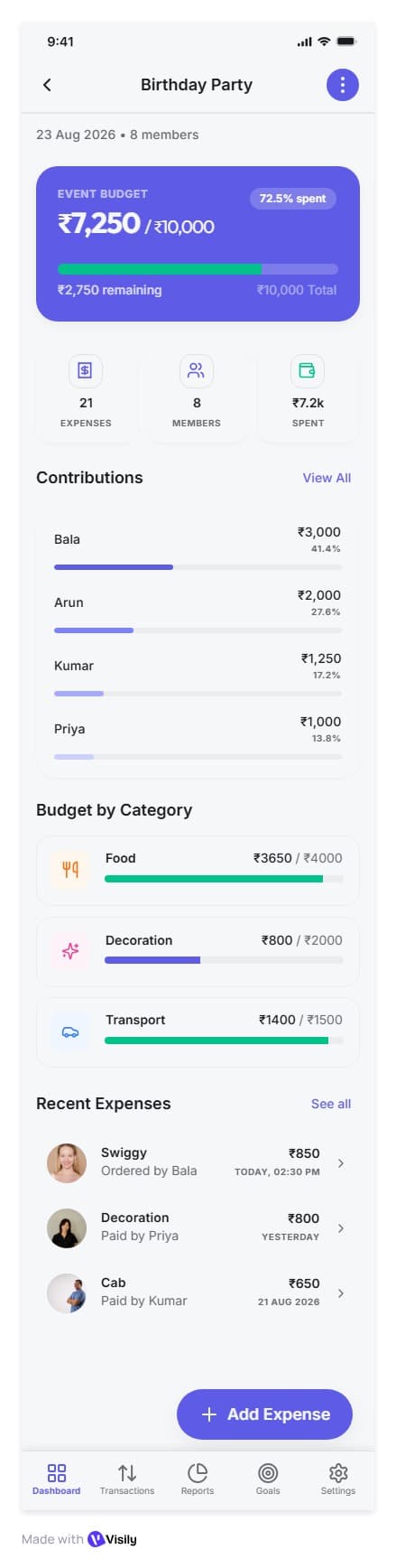 Spenxo event budget concept showing contributions and recent expenses