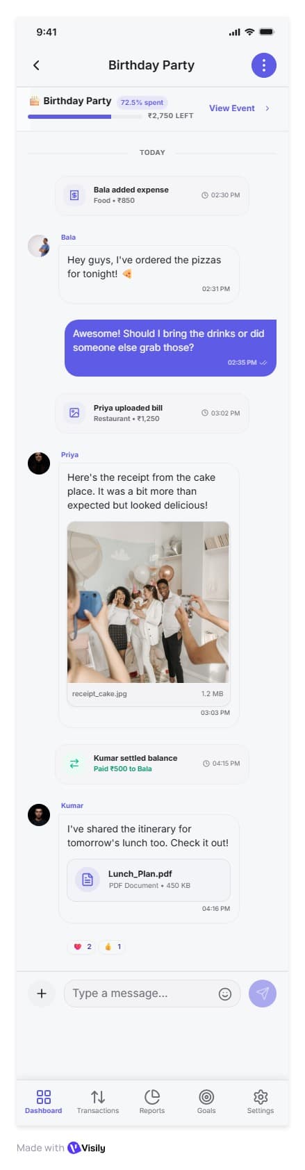 Spenxo group event chat concept with receipts and settlement updates